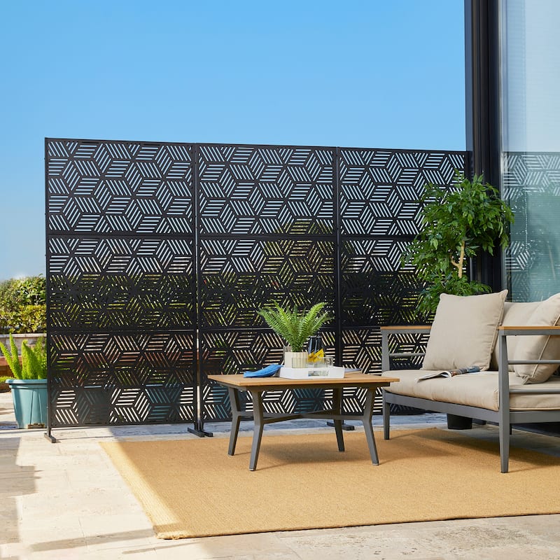 Glitzhome 6ft Galvanized Floral Patterned 3-Panel Privacy Screen Room Divider Fences