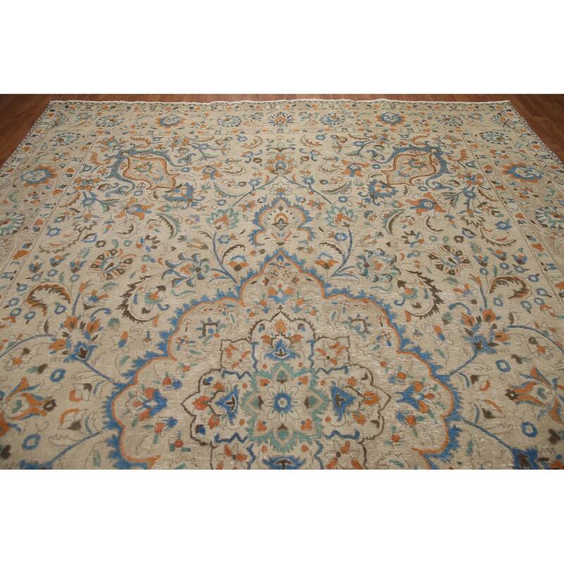 Hand Knotted Oriental 100% Wool Carpet Traditional Floral Beige & Ivories Tabriz Area Rug - 13' 1'' X 9' 9''