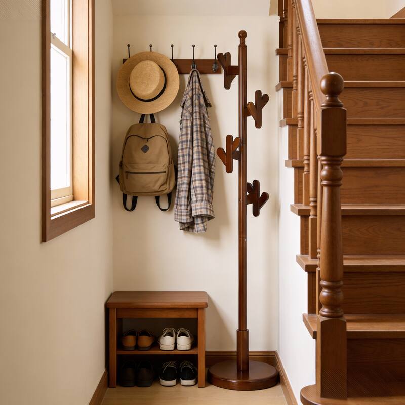 Solid Wood Coat Rack Freestanding Coat Tree Stand with 4 Creative Antler Hooks - 72"H x 15.7"W