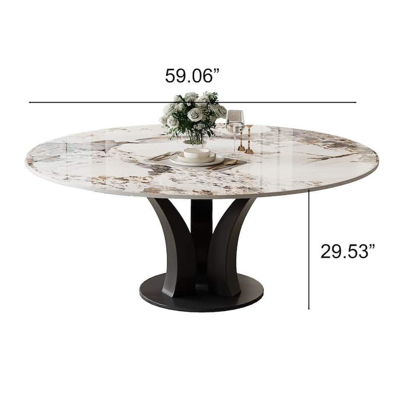 59" Round Sintered Stone Dining Table for 6-8, Glossy Pandora Table top