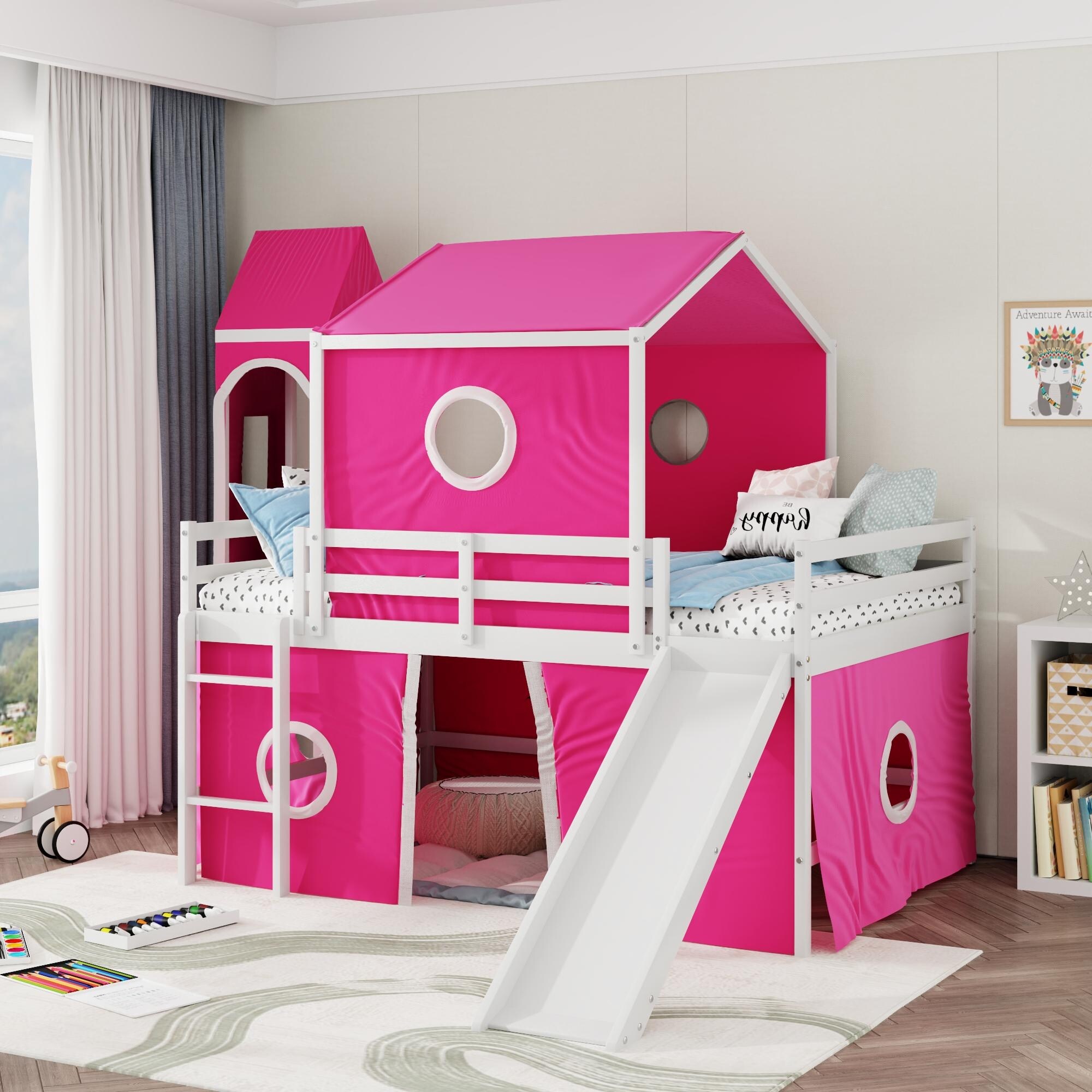 Wooden Twin Size Loft Playhouse Bed Frame with Convertible Tower