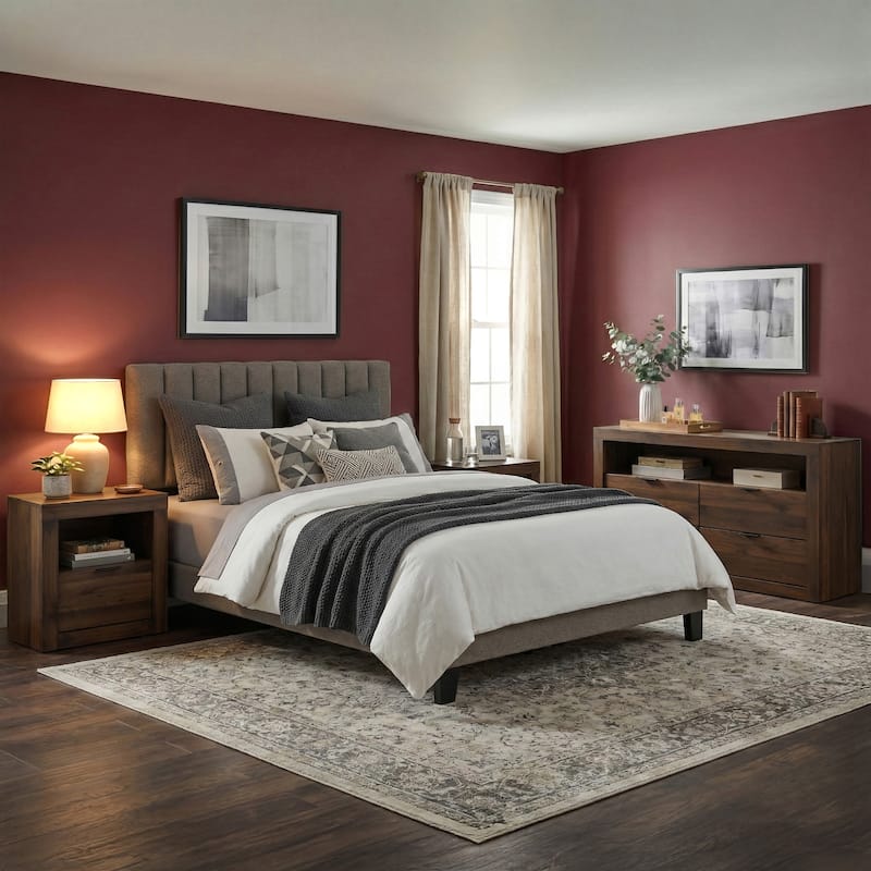 Furniture of America Merro Modern 4-Piece Solid Wood Bedroom Set with Dresser and 2 Nightstands - Walnut/Brown - King