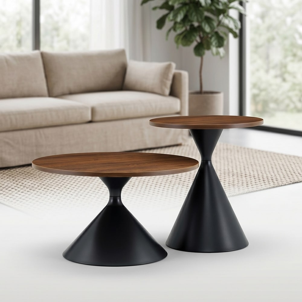 2-piece coffee round table set, travertine patterned tabletop with steel base
