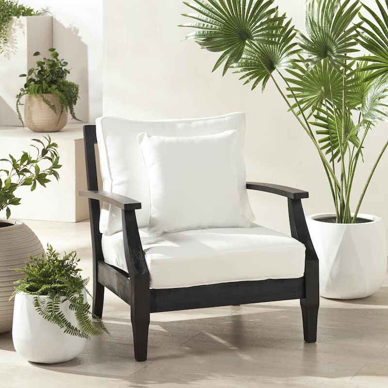 SAFAVIEH Couture Freida Wood Patio Arm Chair - 31.4" W x 35.6" L x 32.6" H - 31"W x 36"D x 33"H - Black/White