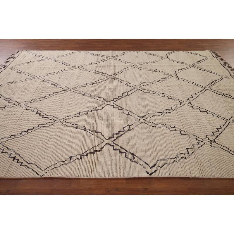 All-Over Trellis Ivory Moroccan Area Rug Handmade Wool Carpet - 7'11"x 11'0"