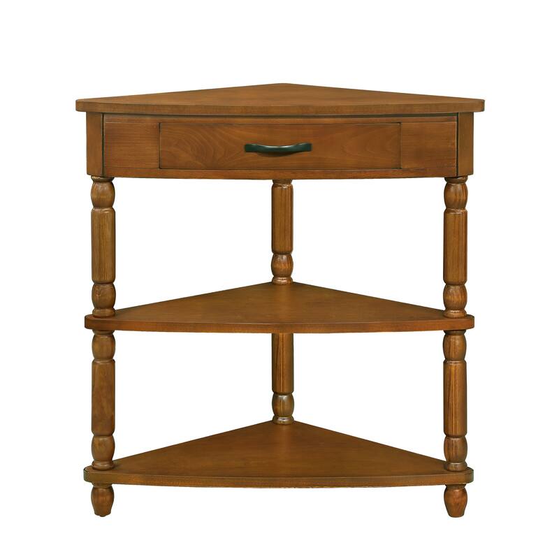 33.8" Small Truangle Corner Table, Solid Wood Corner Side Table with 2 Tier Shelves and Storage Drawer, Living Room Sofa Table - Brown
