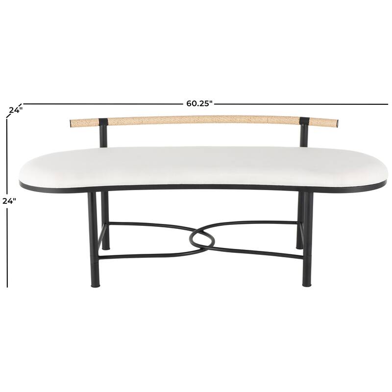 White Metal Upholstered Oval Abstract Bench with Black Metal Frame and Rope Rod Backrest