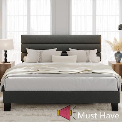 Platform Bed Frame with Adjustable Linen Headboard, Wood Slats
