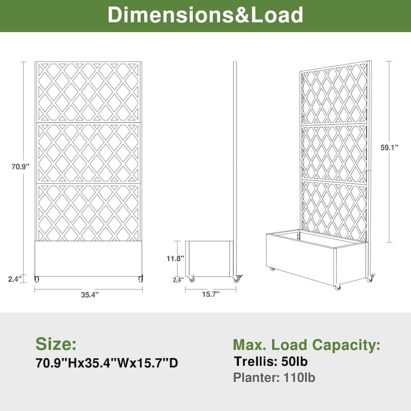 Raised Garden Bed Planter with Trellis Movable Planter Box with Lockable Wheels - 71*35
