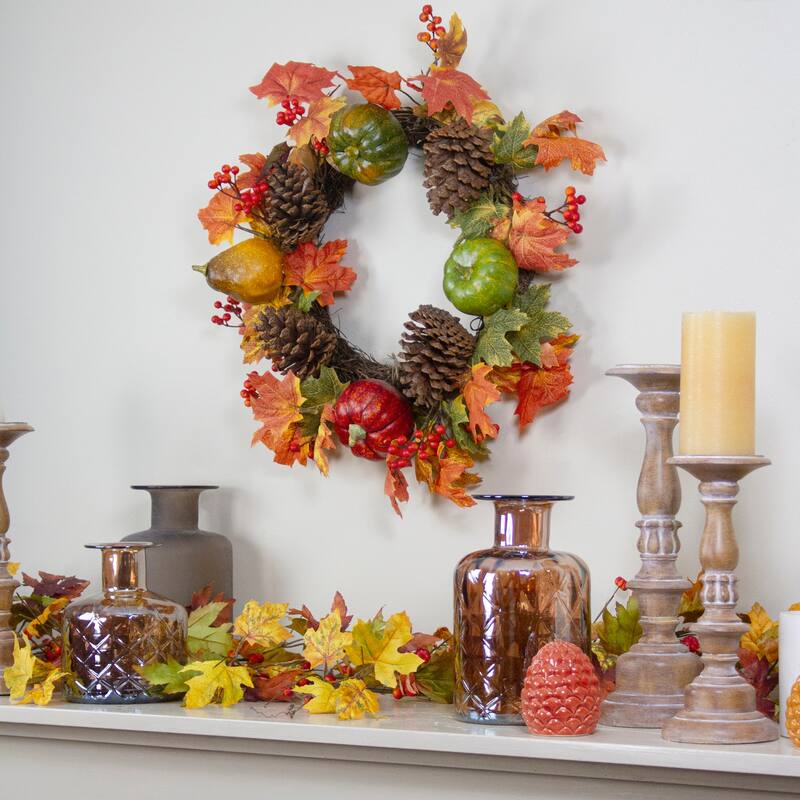 Leaves Pine Cones Pumpkins Artificial Fall Harvest Wreath - 20" Unlit