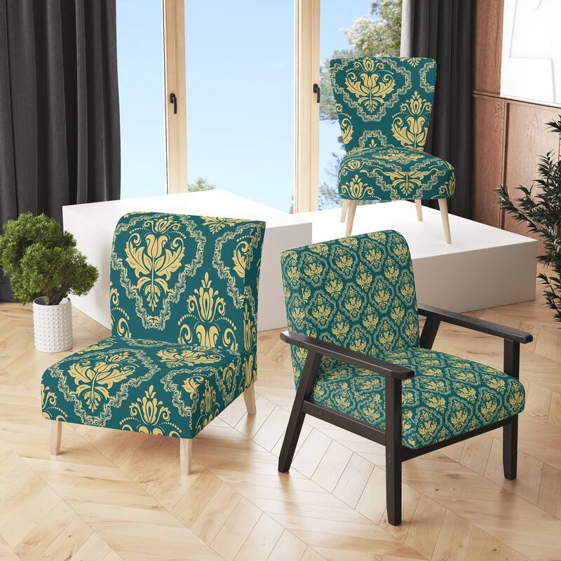 Designart "Green Orient Damask" Upholstered Patterned Accent Chair and Arm Chair