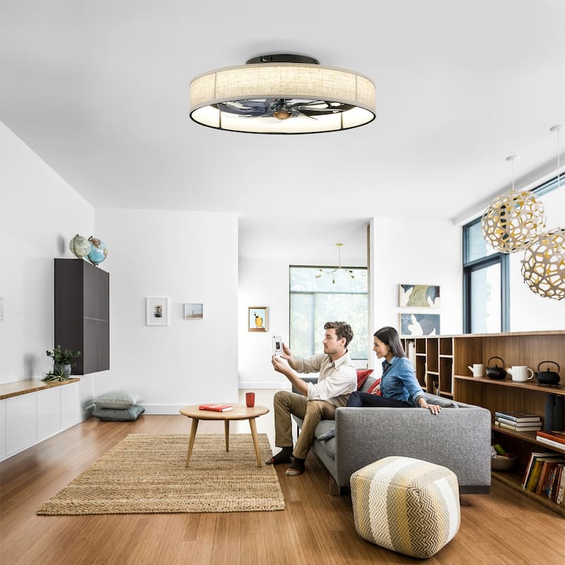 Cusp Barn 20" Farmhouse Flush Mount Ceiling Fan with Light, Quiet DC Motor Fabric Shade Fandelier Ceiling Fan For Living Room