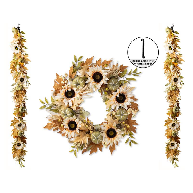 Glitzhome Fall Sunflower Pumpkin Floral Aritificial Garland or Swag Wreath with Free Hanger