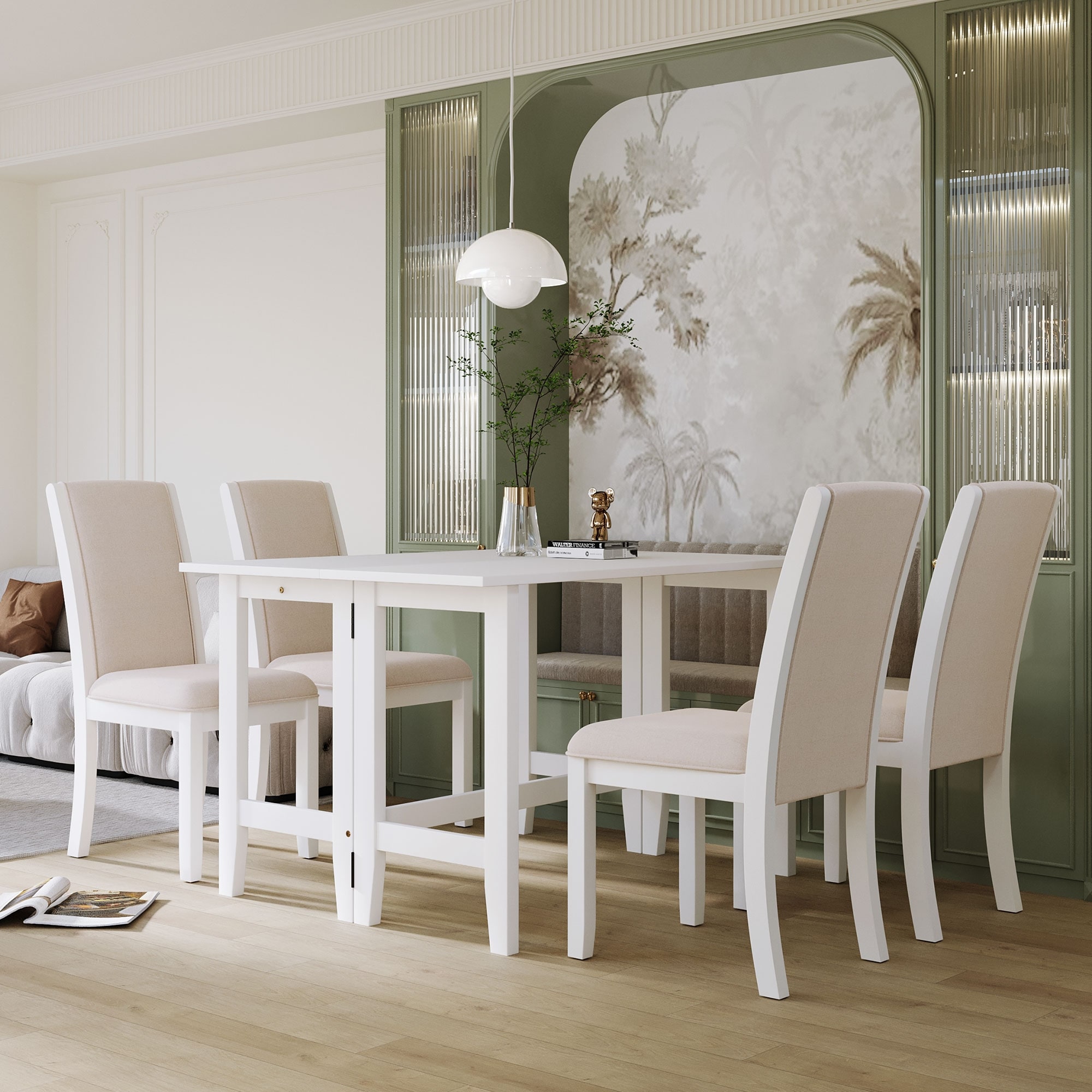 Farmhouse 5 Piece Wood Extendable Dining Table Set with Drop Leaf