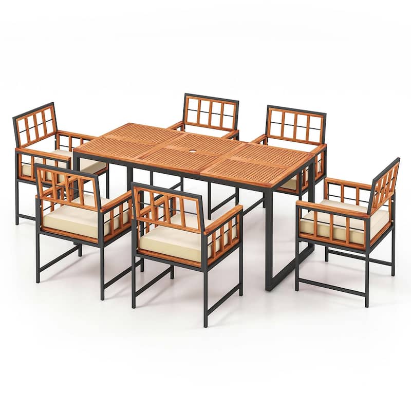 7 PCS Patio Dining Set Outdoor Acacia Wood Table and Chairs Set - Natural and Black