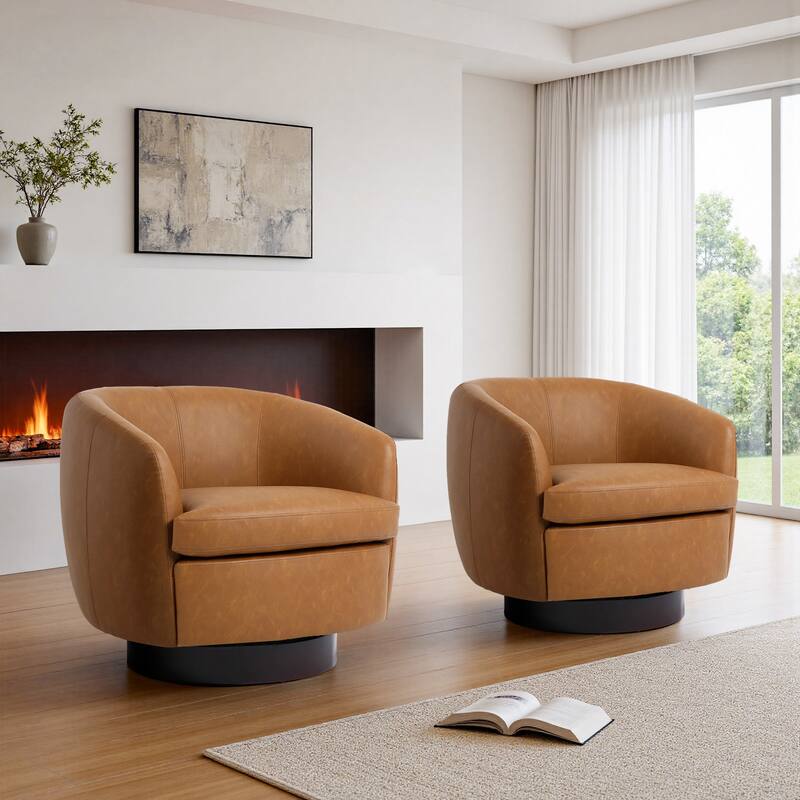 PU Upholstered Swivel Barrel Accent Chair With Wood Base (Set of 2)