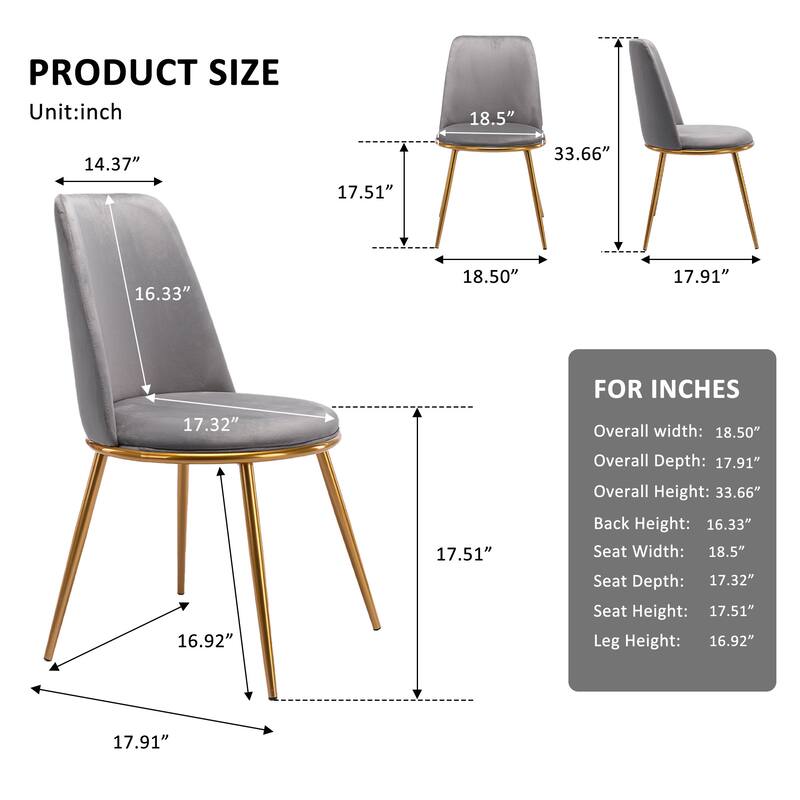 Velvet Upholstered Side Chair with Gold Legs Modern Accent Chair for Dining Room or Living Room - 33.66”H x 18.5”W x 17.91”D