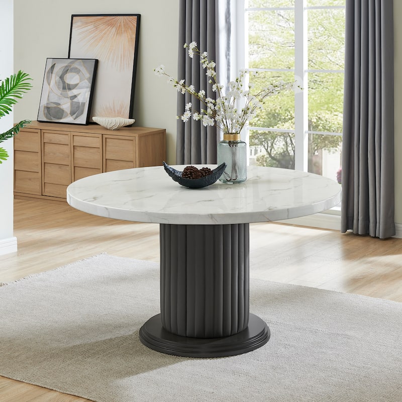 Valencia 7-Piece 54" Round White Faux Marble Dining Set with Gray PVC Upholstered Pedestal Base & Light Gray Fabric Chairs