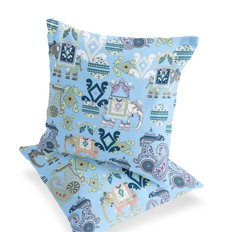 HomeRoots Set of Two 16" X 16" Blue and White Elephant Blown Seam Eclectic Indoor Outdoor Throw Pillow