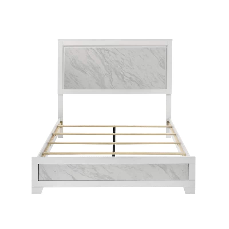 Furniture of America Loris Modern White Panel Bed with Faux Marble Headboard