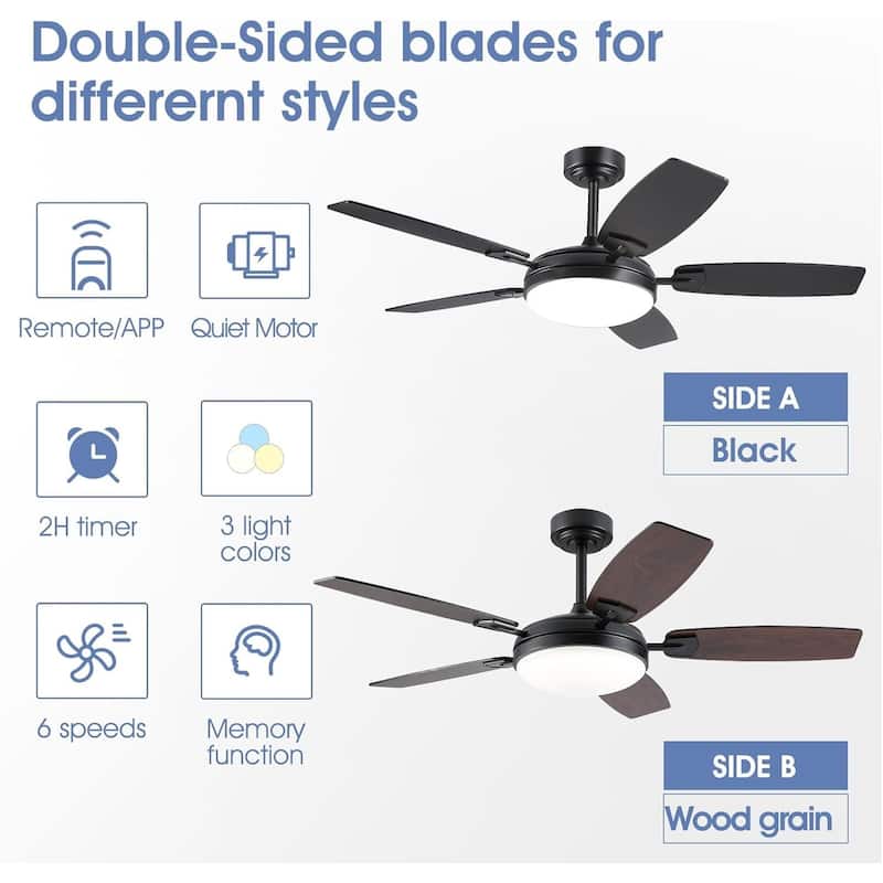 46 and 52 Inch Modern Ceiling Fan with LED and Remote 5 Plywood Dual Side Blades Remote and APP Control for Living Room Bedroom