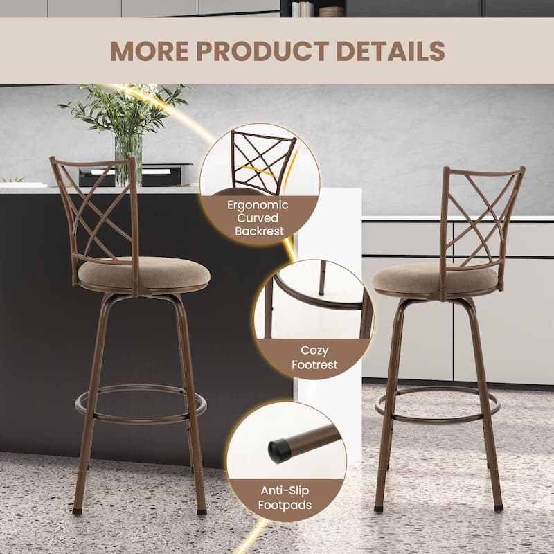 2 Pieces Swivel Pluch Fabrice Cushioned Bar Stool Set-Brown - 18" x 16" x 41.5" (L x W x H)