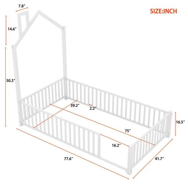 Twin Size Metal House Platform Bed with Guardrail and Chimney