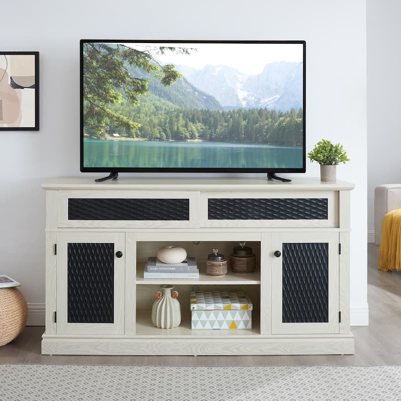 2 Door Embossed Pattern TV Stand with Open Storage Shelf and Sliding Door, Entertainment Center for TVs up to 65''