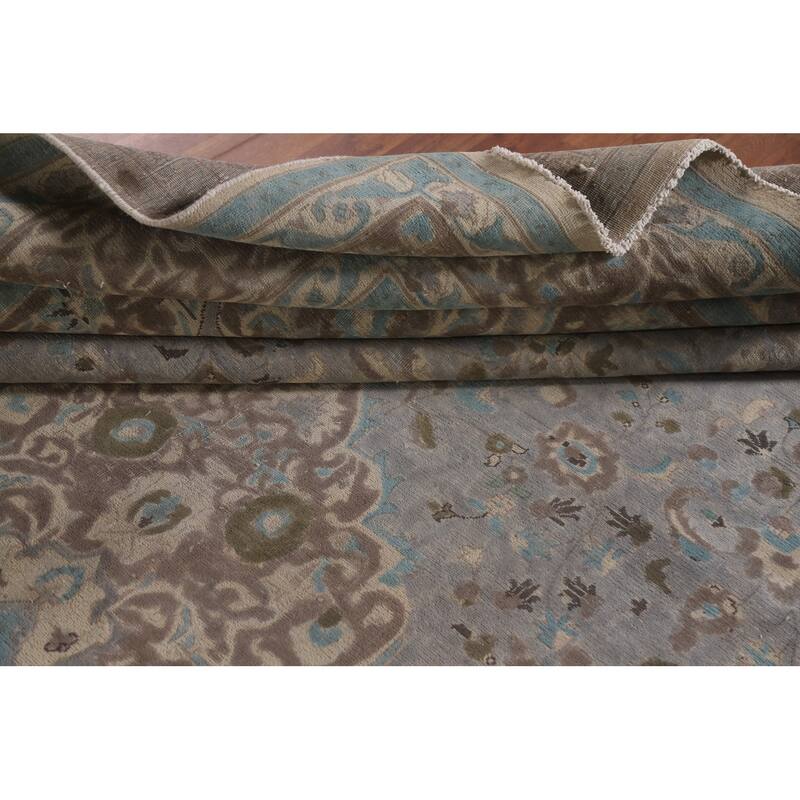 Hand Knotted Oriental 100% Wool Carpet Traditional Floral Greys & Charcoal Tabriz Area Rug - 13' 3'' X 9' 4''