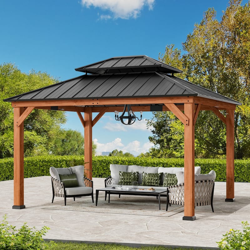 Wood Gazebo 10' x 12', Grill Gazebo with Galvanized Steel Roof, Permanent with Sturdy Hooks for Garden, Backyard