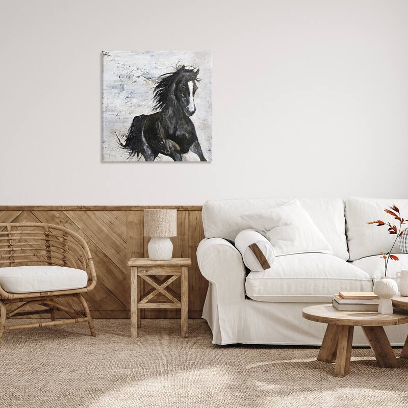 Stupell Wild Black Horse Galloping over Abstract White Canvas Wall Art