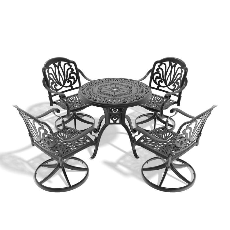 5-Piece Aluminum Round Outdoor Patio Dining Set, 4 Cushioned Swivel Chairs, Table, All-Weather Frames