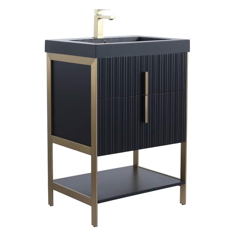 Fine Fixtures Serenity Modern Bathroom Vanity with Black Gel Acrylic Top - Black Matte - Brass Hardware - 24 inch