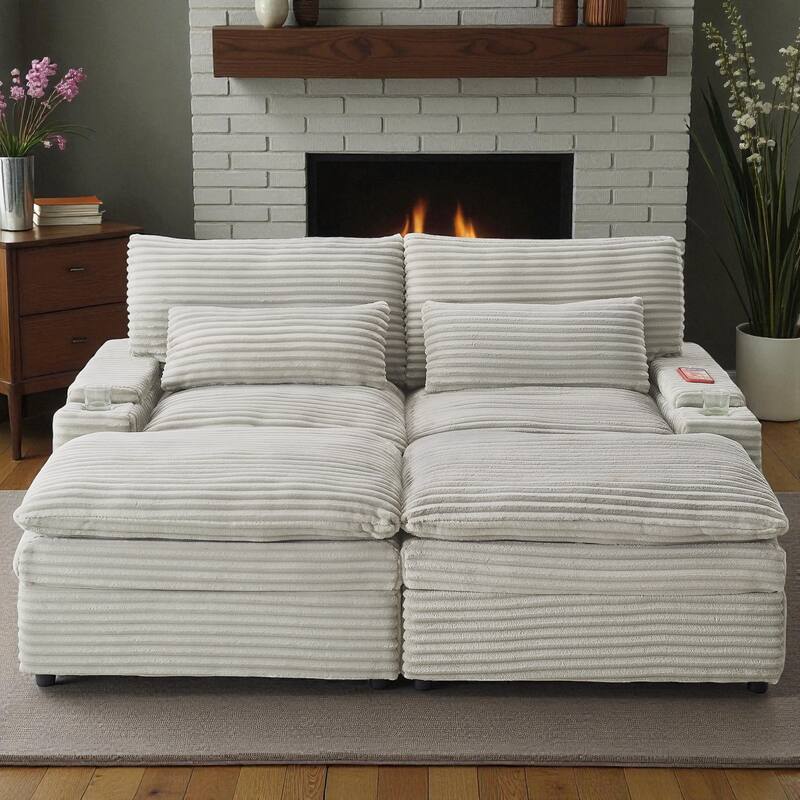 70.9" Convertible Loveseat Sofa Bed with Storage, 2 Ottomans, 4 USB Ports and Cup Holders, Corduroy Sectional for Living Room
