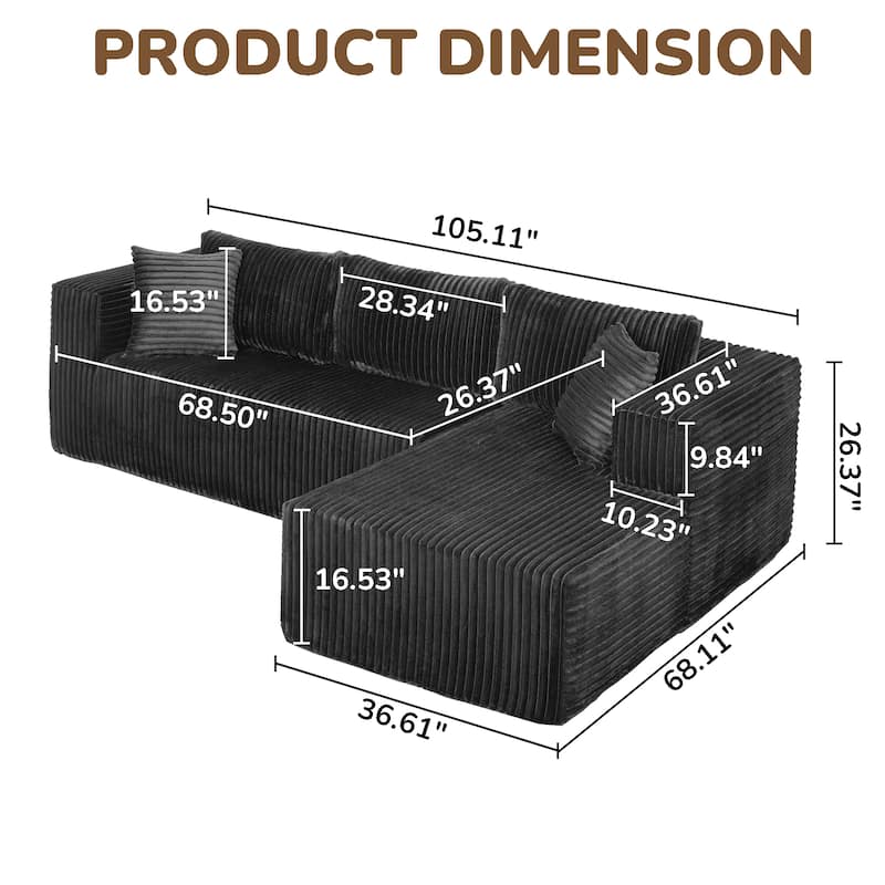 105" Black L-Shaped Modular Foam Sofa with 6 Pillows, Space-Saving