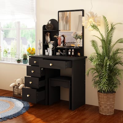 Timechee Makeup Vanity Set with Mirror and Stool, Drawer & Shelf - White