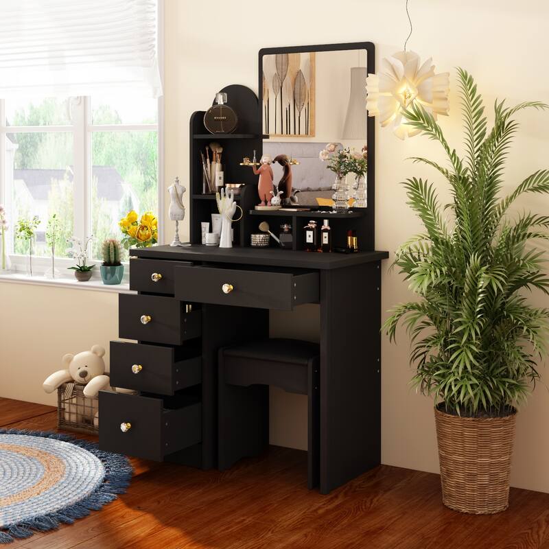 Makeup Vanity Table Set With Mirror Mirror Desk & Drawer(PINK/BLACK) - Black