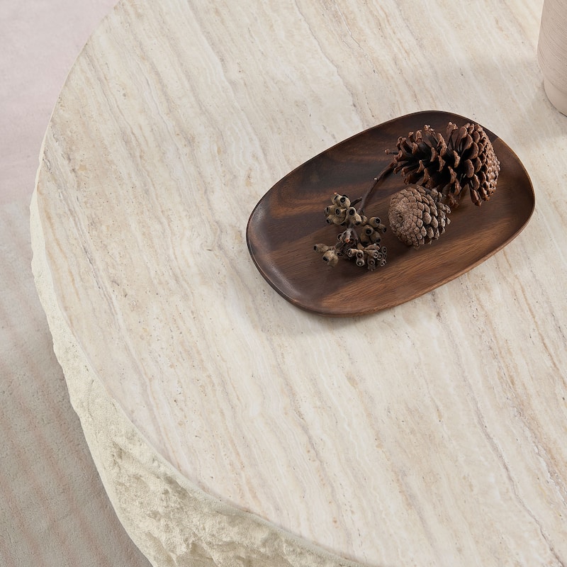 35.43" Fiberglass Round Coffee Table with Imitation Stone Design