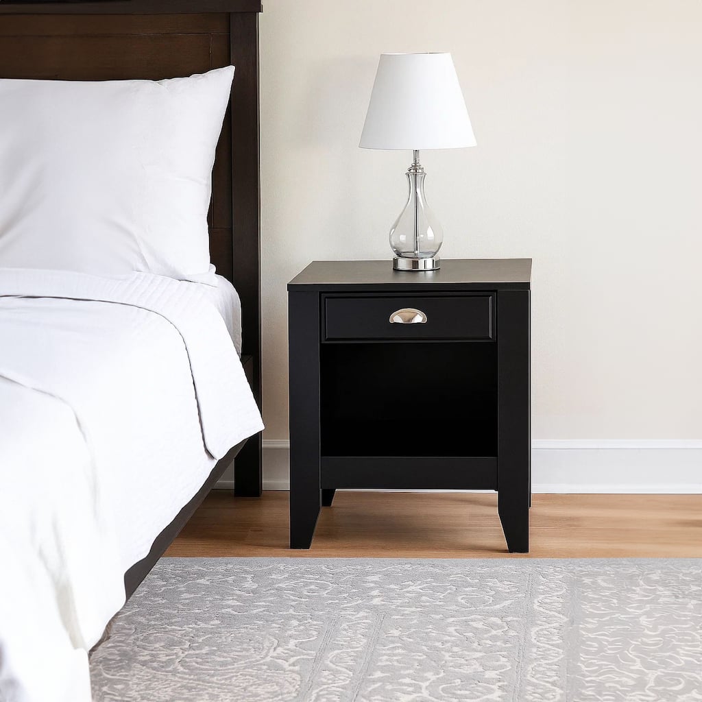 Crown Bedside Nightstand, 21 Inch, 1 Drawer and Open Shelf, Black MDF