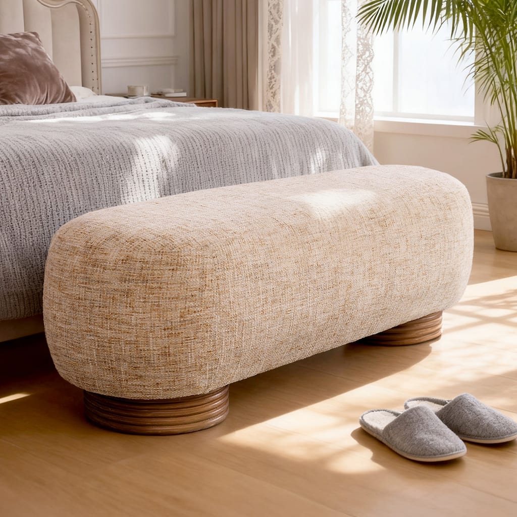 59-Inch Chenille Upholstered Ottoman Bench with Acacia Solid Wood Frame - 59.1"L x 19.1"H x 20.1"D