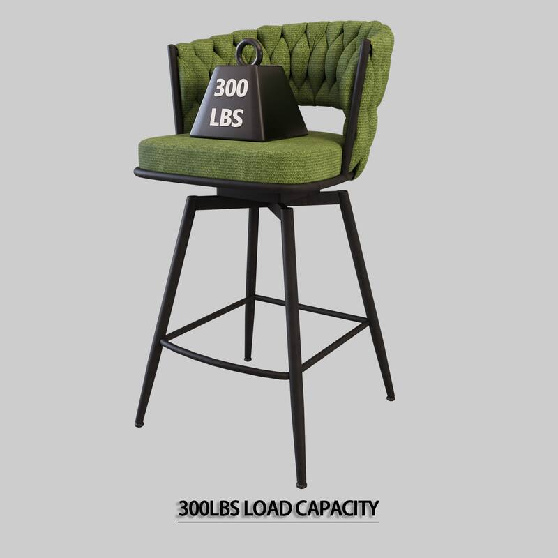 360 Swivel Suede Woven Bar Chair Set of 4, Upholstered Barstools with Metal Base