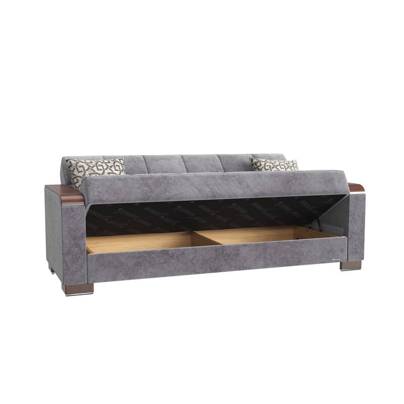 HomeRoots 87" Gray Microfiber Convertible Futon Sleeper Sofa And Toss Pillows With Storage