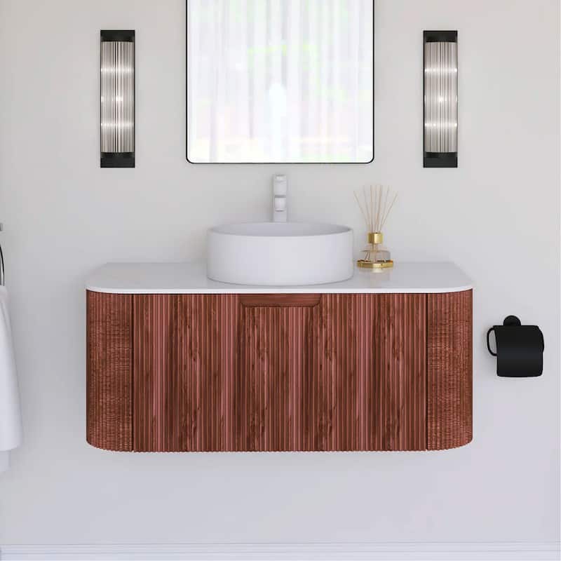 Wall-Mounted Bathroom Vanity with White Round Ceramic Sink - 35.83'' x 18.9'' x 19.33'' - Walnut