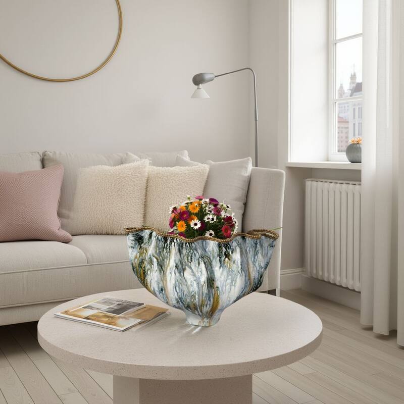 Tery Decorative Vase, Wavy Fishtail, 16 Inch Glossy Blue White Ceramic