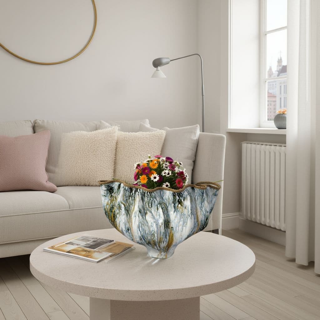 Tery Decorative Vase, Wavy Fishtail, 16 Inch Glossy Blue White Ceramic