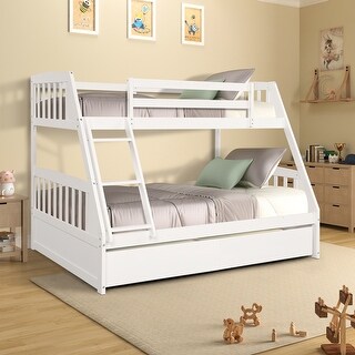 Solid Wood Twin Over Full Size Bunk Bed with Two Storage Drawers and Removable Ladder