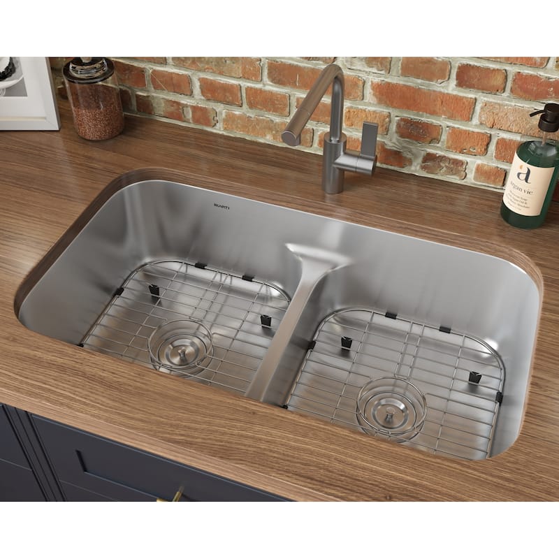 Ruvati 32-inch Low-Divide 50/50 Double Bowl Undermount 16 Gauge Stainless Steel Kitchen Sink - RVM4350 - 32-1/4″ x 18-7/8″