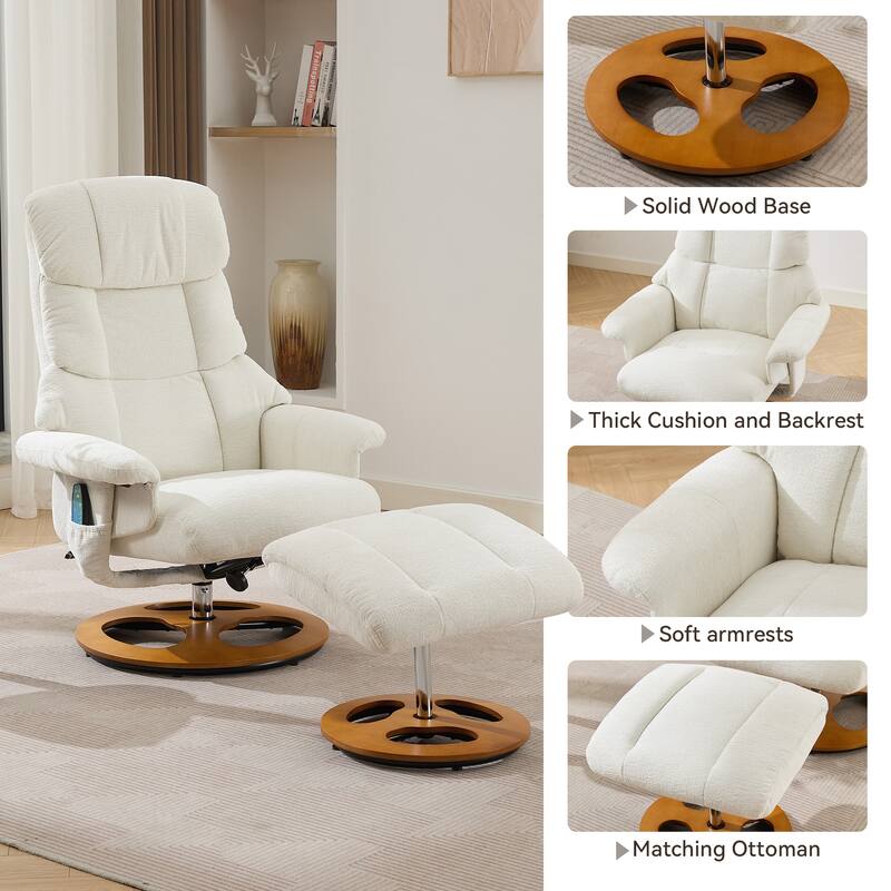 Recliner Chair with Ottoman, 360° Swivel Lounge Chair with Footstool, Chenille Fabric, Seat Heating & 140° Adjustable Backrest