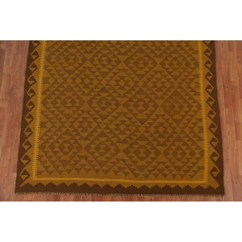 Hand Woven Oriental 100% Wool Carpet Southwestern Geometric Yellow & Gold Kilim Area Rug - 9' 8'' X 6' 6''