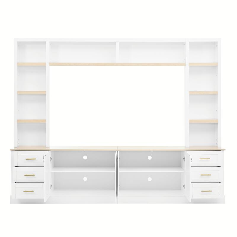102.3"W Farmhouse 4-Piece Entertainment Center Wall Unit with Adjustable Shelf, TV Stand with Bookshelves for TVs Up to 75"